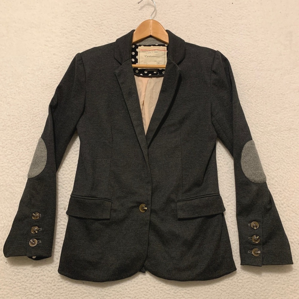 Cartonnier Anthropologie Knit Blazer Womens Small Elbow Patches Gray Button